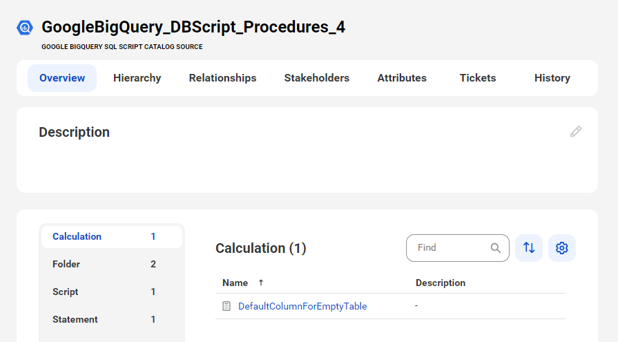 The image shows a sample Google BigQuery SQL Script asset page with tabs that allow you to view the asset.