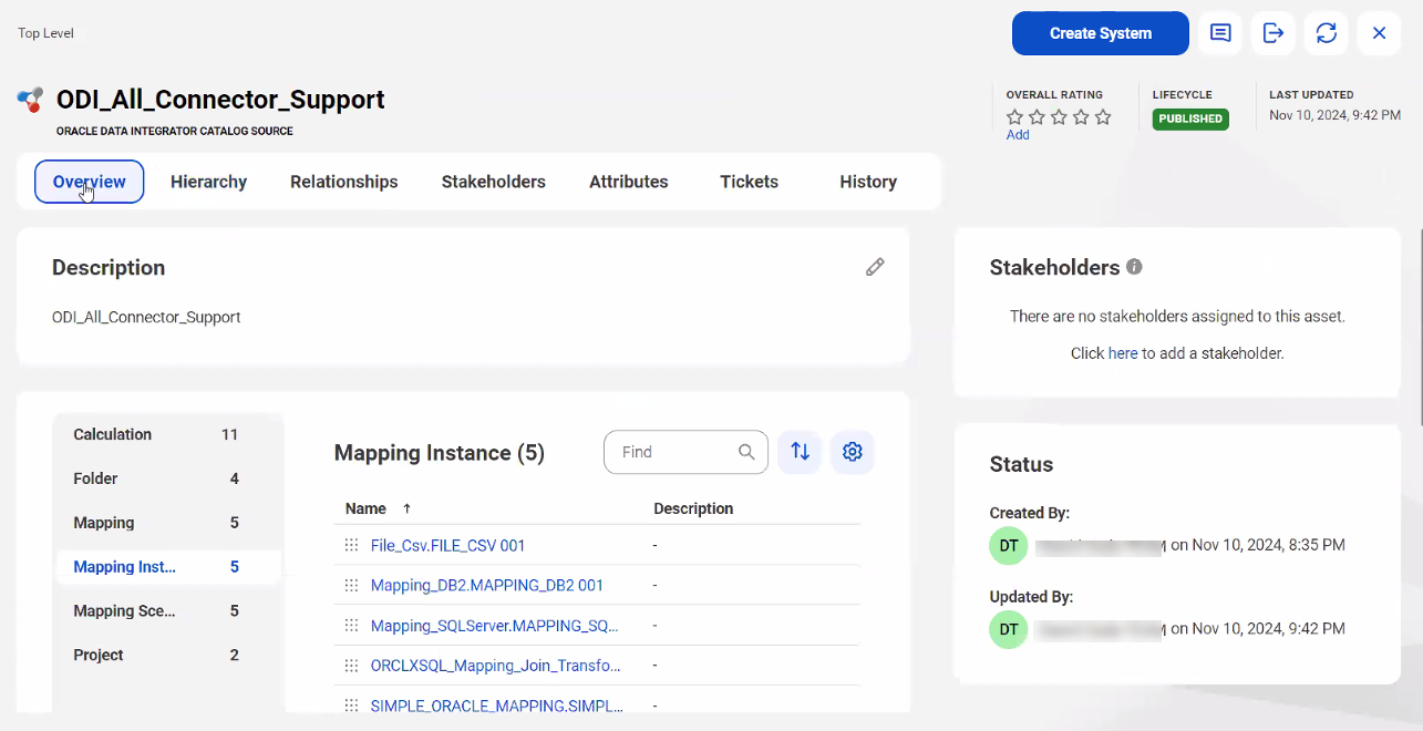 The image shows a sample Oracle Data Integrator asset page with tabs that allow you to view the asset.