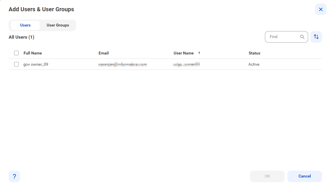 The image shows the Add Users and User Groups dialog box. You can choose to add a user or a user group. Depending on your choice, the page displays a list of users or user groups you can assign as stakeholders for the asset.