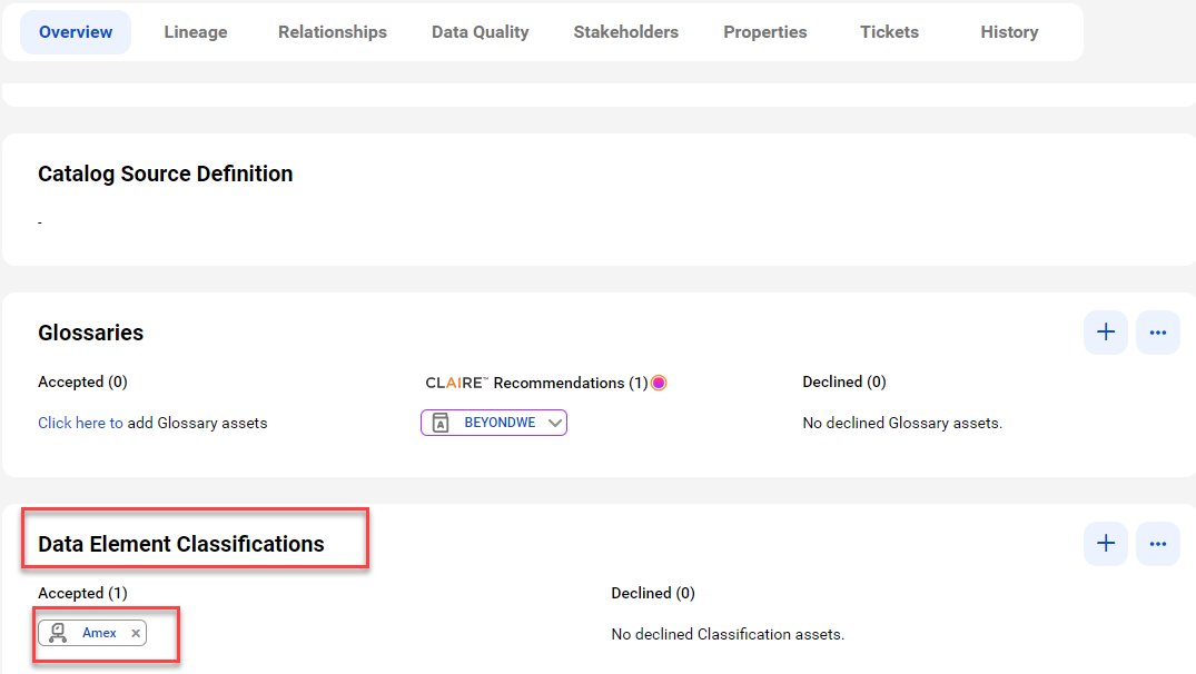 The image shows an Overview tab and a Data Element Classifications area with one accepted classification.