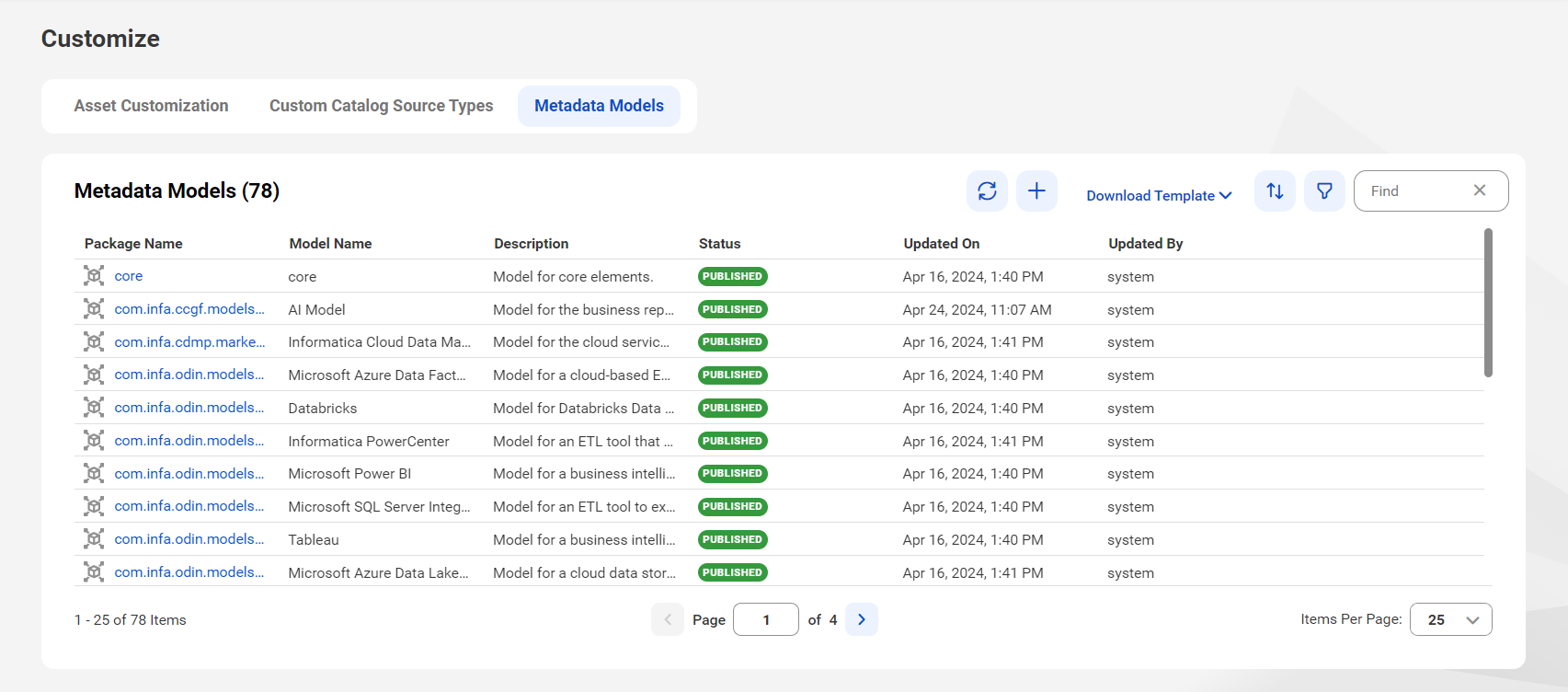 Image depicting the Metadata Models tab on the Customize page.