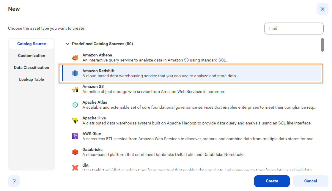 The image shows the list of catalog sources with the Amazon Redshift catalog source selected and an option to create a new catalog source.