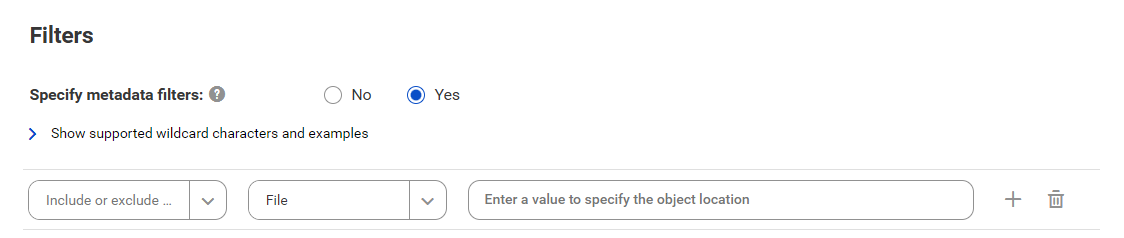 The image shows the filter conditions for an SFTP File System catalog source. You can choose to include or exclude metadata and enter a value to specify the object location.