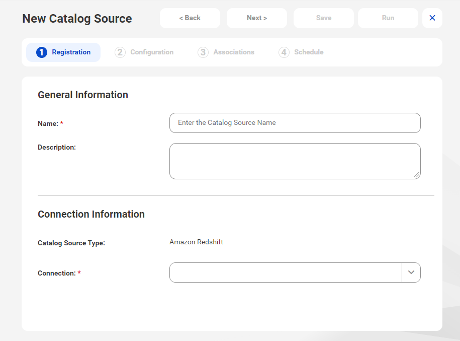 The image shows the New Catalog Source page with the Amazon Redshift catalog source type selected.