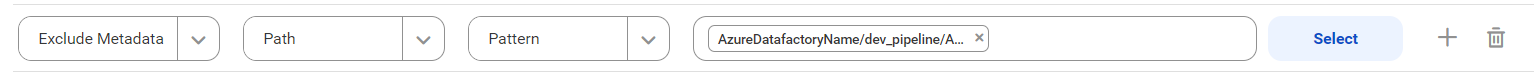 The image shows the filter condition for a Microsoft Azure Data Factory catalog source to exclude metadata from the activity named Activity1 located in the AzureDataFactory1/Pipeline1/Activity1 path.