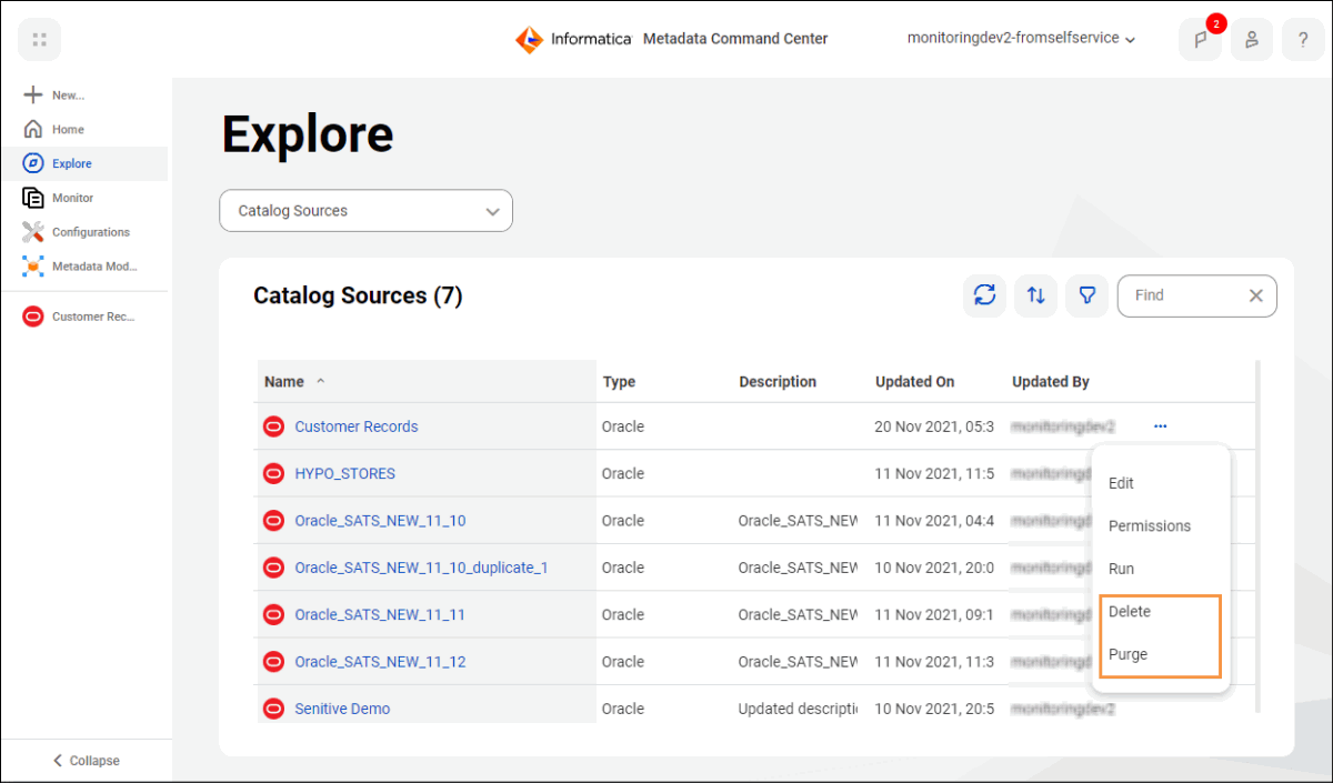 Image of the Action menu highlighting Delete and Purge for a catalog source on the Explore page