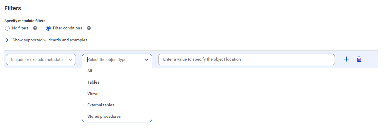 The image shows the filter conditions for the Amazon Redshift catalog source.