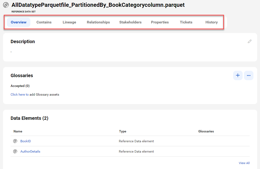 The image shows a sample Databricks asset page with tabs that allow you to view the asset.