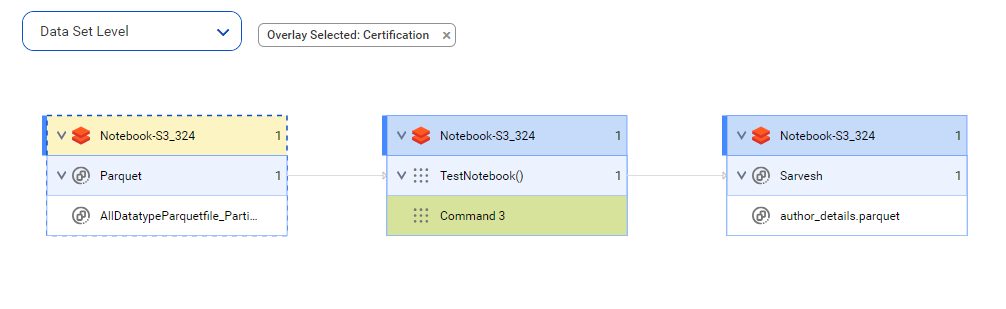 The data set level lineage diagram starts at the AllDatatypeParquetfile_PartitionedBy_BookCategory column.parquet source column and shows how the data flows to the target author_details.parquet file before connection assignment.