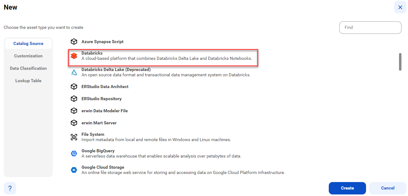 The image shows the list of catalog sources with the Databricks catalog source selected and an option to create a new catalog source.