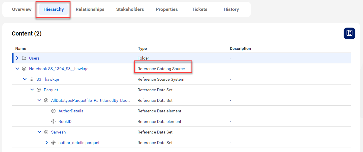 The image shows a list of reference objects on the Hierarchy tab.