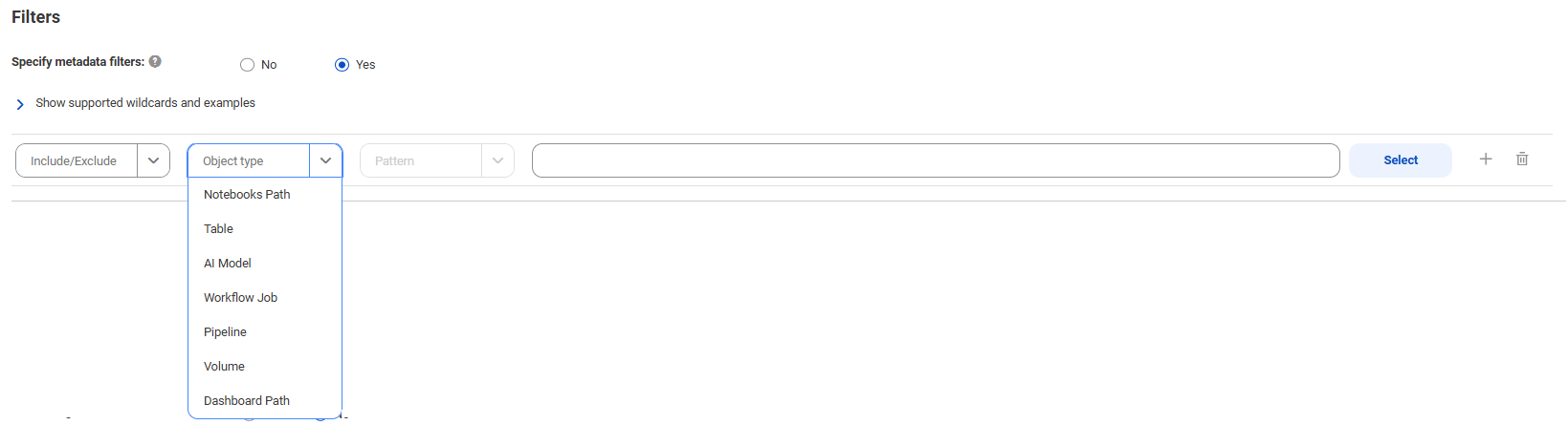 The filters contain options to include or exclude metadata based on specific object types.
