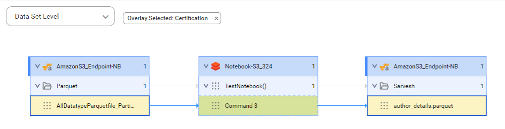 The data set level lineage diagram starts at the AllDatatypeParquetfile_PartitionedBy_BookCategorycolumn.parquet source column and shows how the data flows to the target author_details.parquet file after connection assignment.