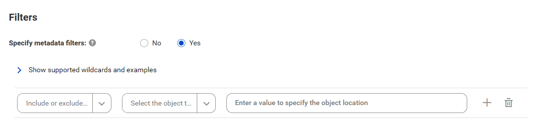 The image shows the Filters area for the dbt catalog source. You can choose to include or exclude metadata and enter a value to specify the object location.
