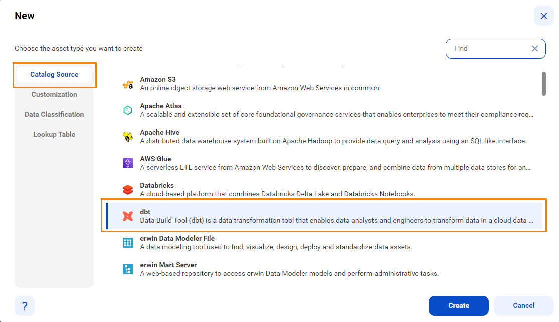 The image shows the list of catalog sources with the dbt catalog source selected and an option to create a new catalog source.