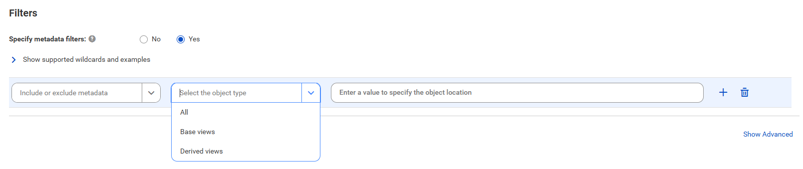 The image shows the Filters area for the Denodo catalog source. You can choose to include or exclude metadata and enter a value to specify the object location.