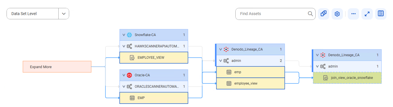 The data set level lineage diagram starts at the EMPLOYEE_VIEW view and the EMP table of a Snowflake and an Oracle source system and provides output to the join_view_oracle_snowflake target view using the emp and employee_view tables after connection assignment.