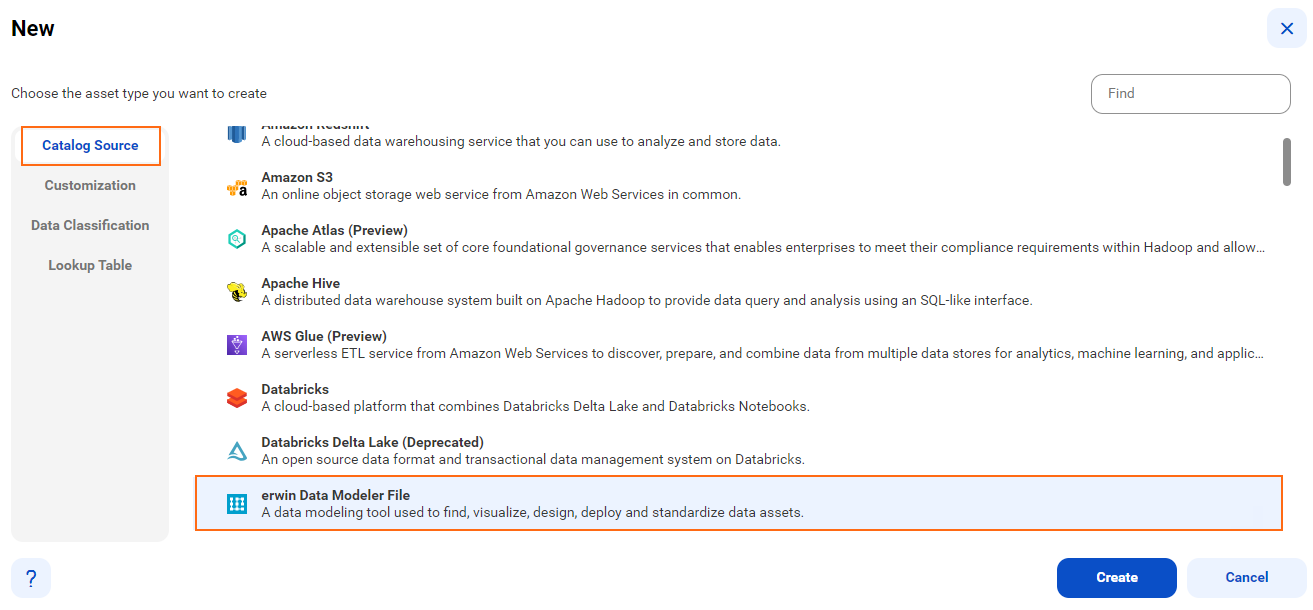 The image shows the list of catalog sources with the erwin Data Modeler File catalog source selected and an option to create a new catalog source.