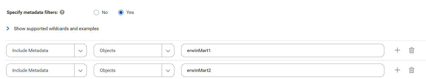 The image shows the Filters section of erwin Mart Server catalog source configuration. You can click the Add icon to add more filters.