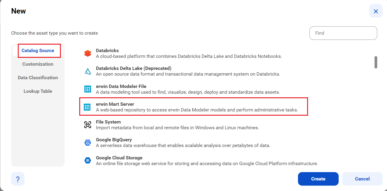 The image shows the list of catalog sources with the erwin Mart Server catalog source selected and an option to create a new catalog source.