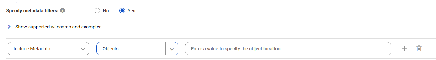 The image shows the filter conditions for the erwin Mart Server catalog source. You can choose to include metadata of different object types and enter a value to specify the object location.