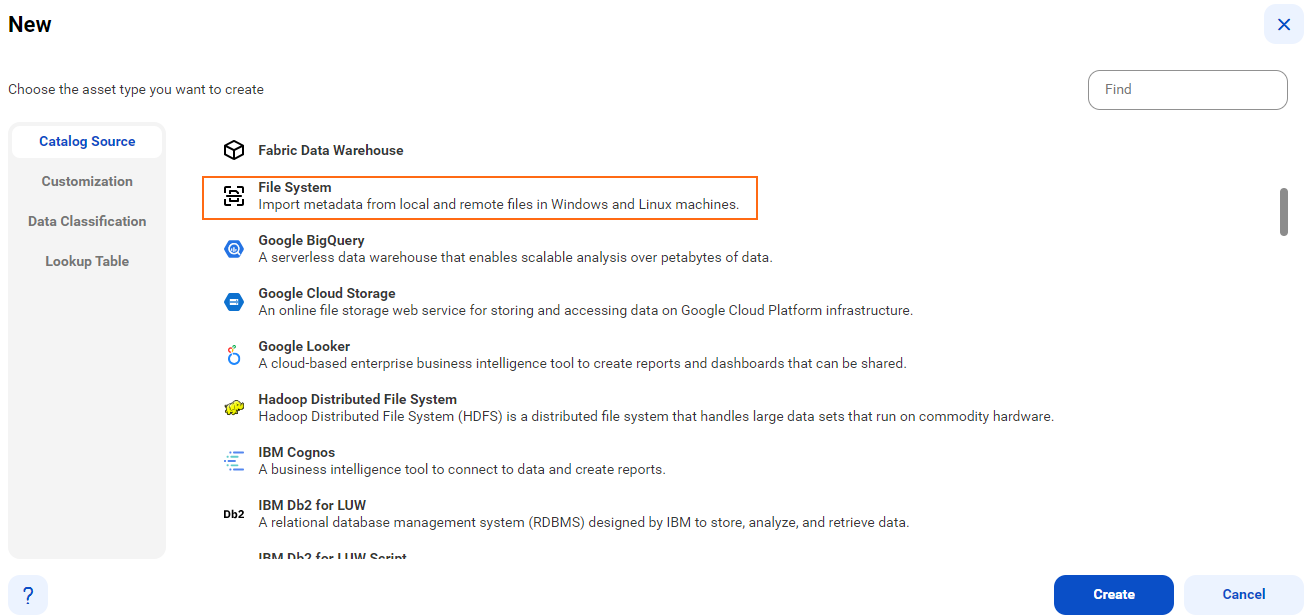 The image shows the list of catalog sources with the File System catalog source selected and an option to create a new catalog source.