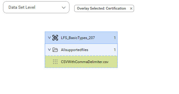 The image shows the Lineage tab with the CSVWithCommaDelimiter.csv file.