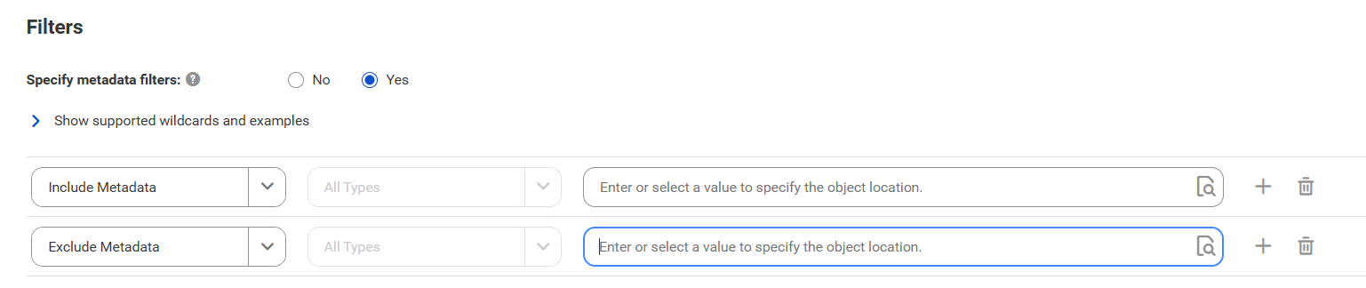 The image shows the Filters area for the Fivetran Platform catalog source. You can choose to include or exclude metadata and enter a value to specify the object location or search for the object with the search button.