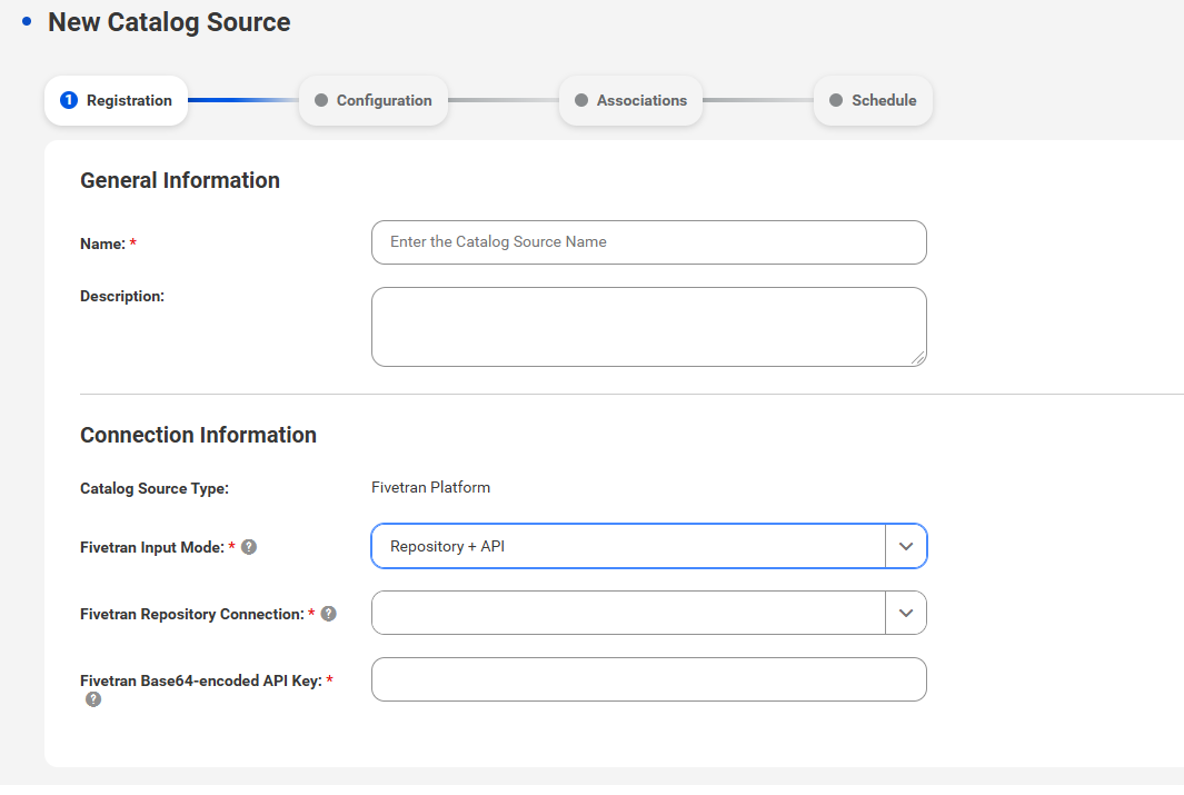 The image shows the New Catalog Source page with the Fivetran Platform catalog source type selected.