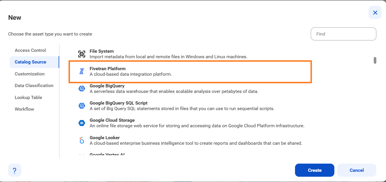 The image shows the list of catalog sources with the Fivetran Platform catalog source type selected and an option to create a new catalog source.