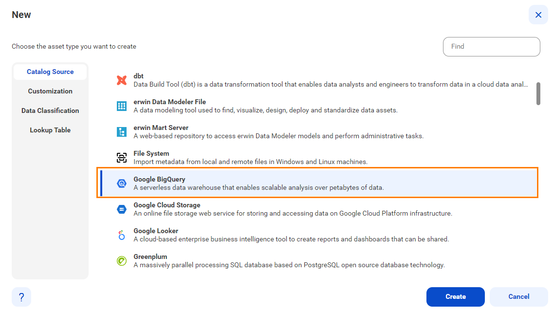 The image shows the list of catalog sources with the Google BigQuery catalog source selected and an option to create a new catalog source.