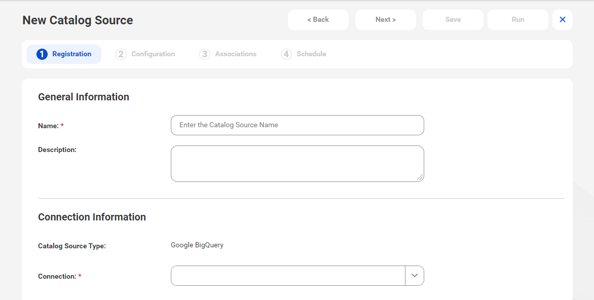 The image shows the list of catalog sources with the Google BigQuery catalog source selected and an option to create a new catalog source.
