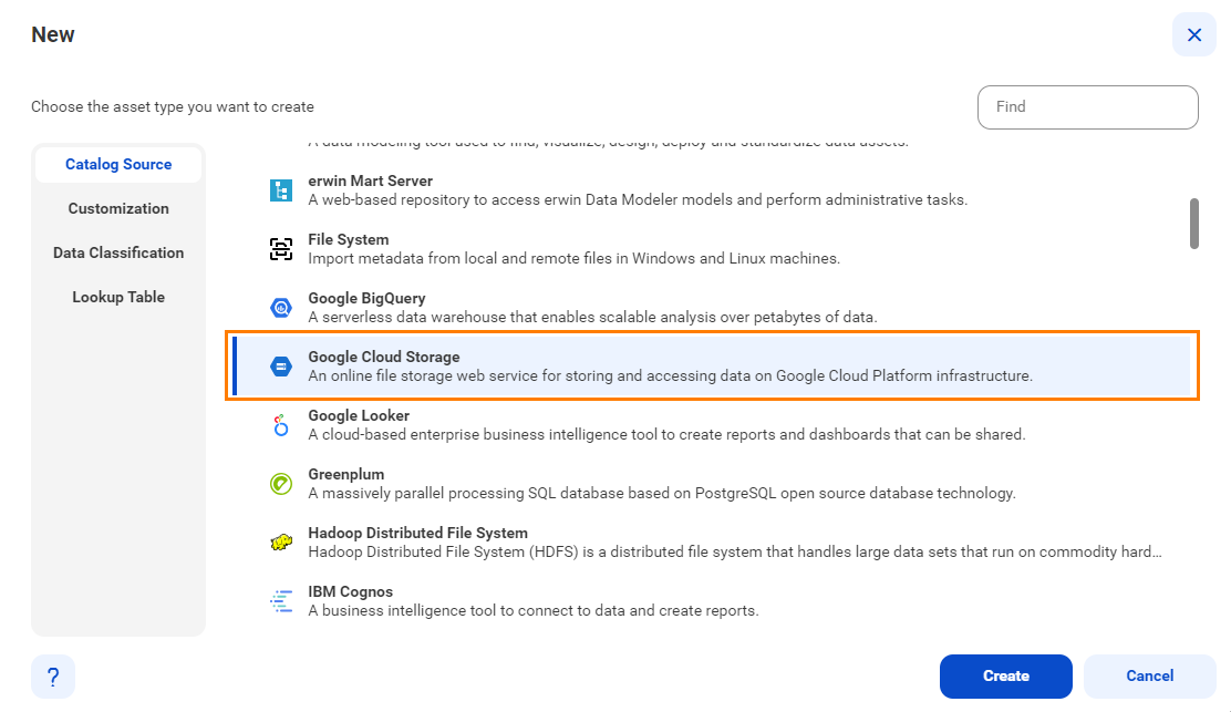 The image shows the list of catalog sources with the Google Cloud Storage catalog source selected and an option to create a new catalog source.