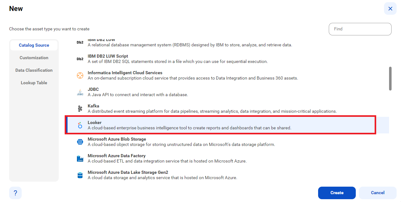 The image shows Google Looker catalog source on the New Catalog Source page.