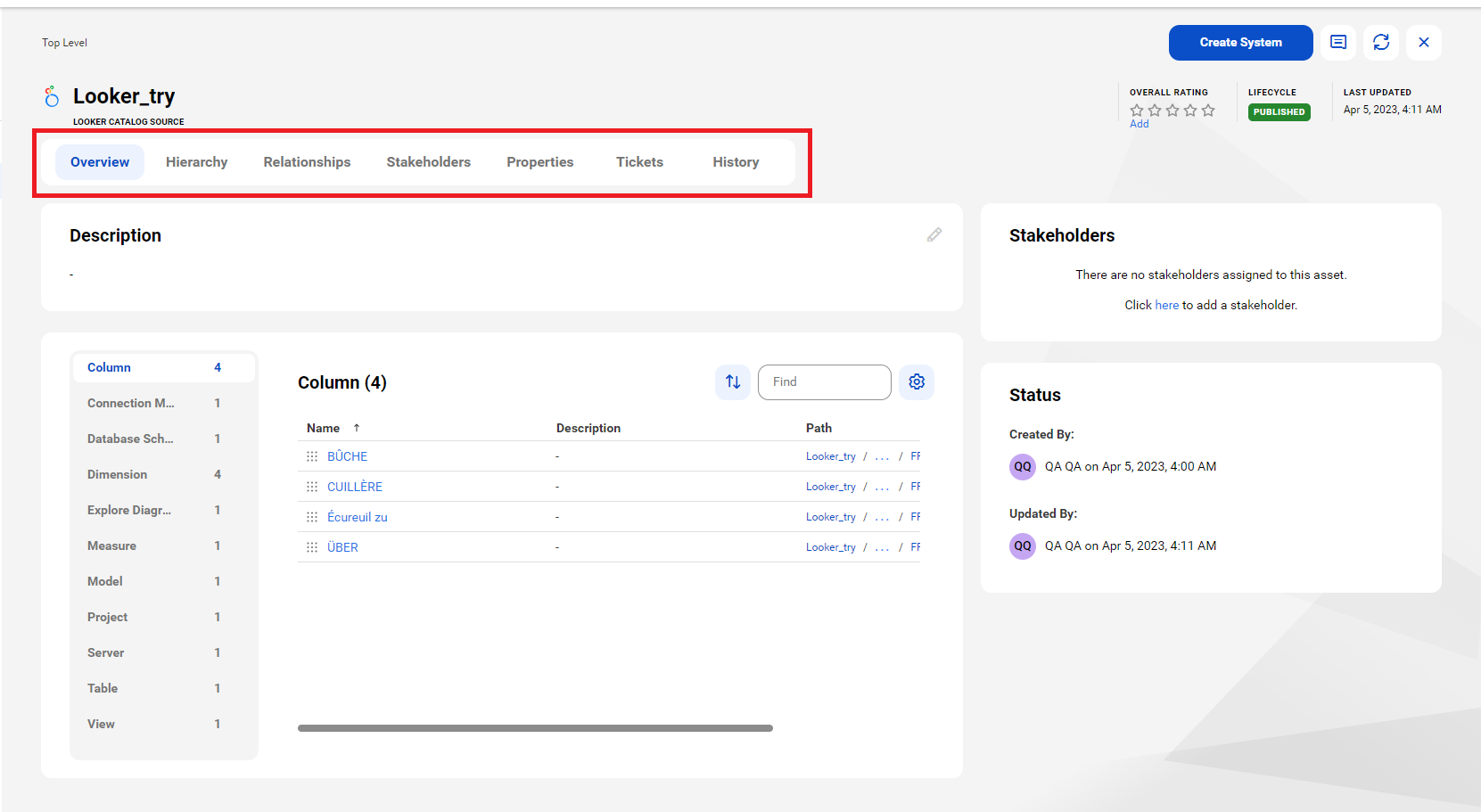 The image shows a sample Google Looker asset page.