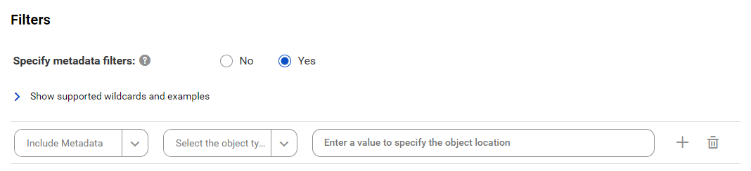 The image shows the filter conditions for the Google Looker catalog source. You can choose to include metadata from objects and specify the object location.