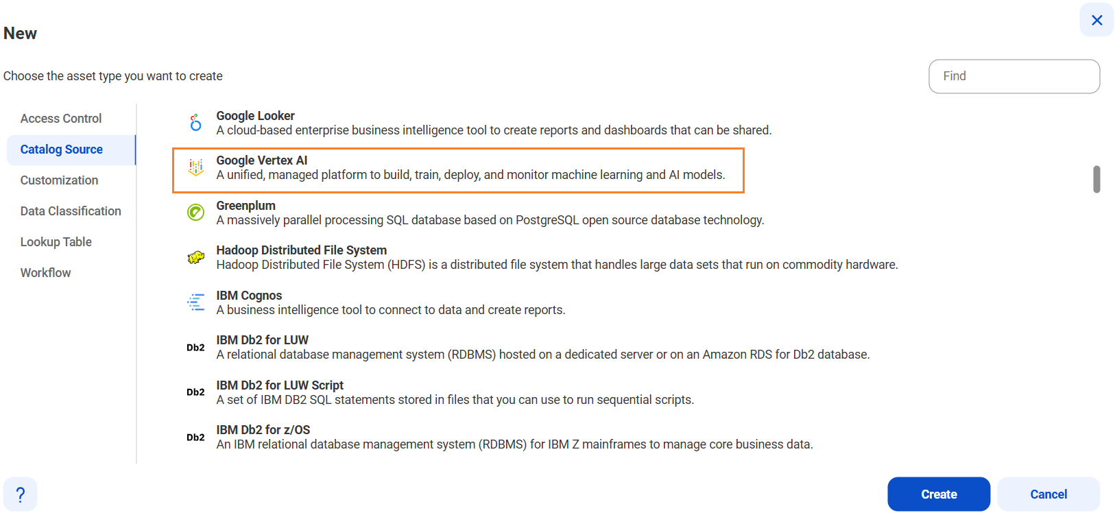The image shows the list of catalog sources with the Google Vertex AI catalog source selected and an option to create a new catalog source.
