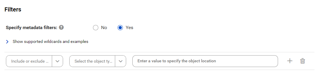 The image shows the Filters area for the Greenplum catalog source. You can choose to include or exclude metadata and enter a value to specify the object location.