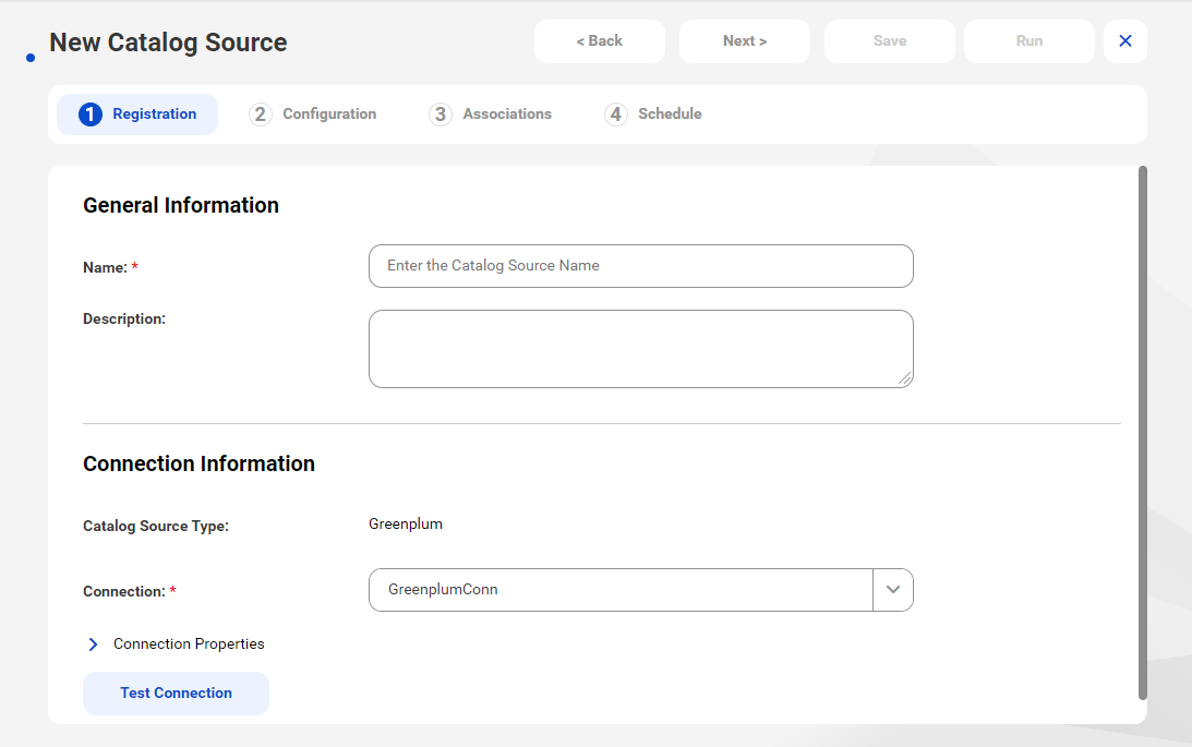 The image shows the New Catalog Source page with the Greenplum catalog source type selected.