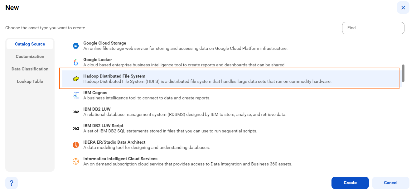 The list of catalog source types is visible with the Hadoop Distributed File System catalog source type selected and an option to create a new catalog source.