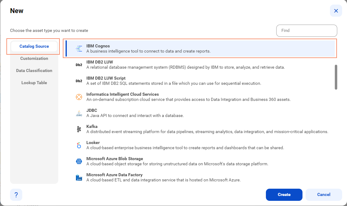 The image shows the catalog source selection for IBM Cognos.