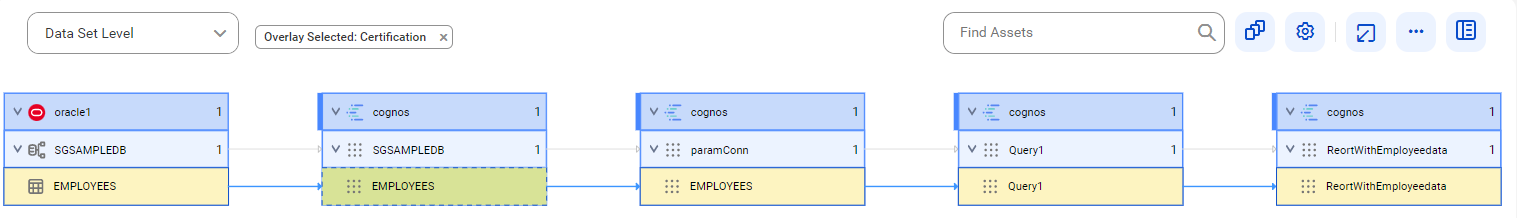The data set level lineage diagram starts at the EMPLOYEES table from the Oracle and IBM Cognos source systems and provides the output to the target ReortWithEmployeedata report.