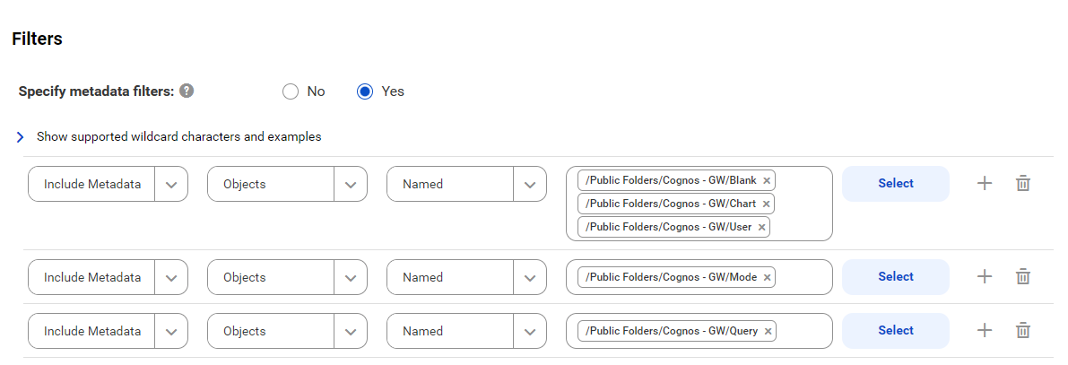 The image shows the filter conditions for a IBM Cognos catalog source that includes metadata from all folders within the folder 'Public Folders/Cognos - GW'.