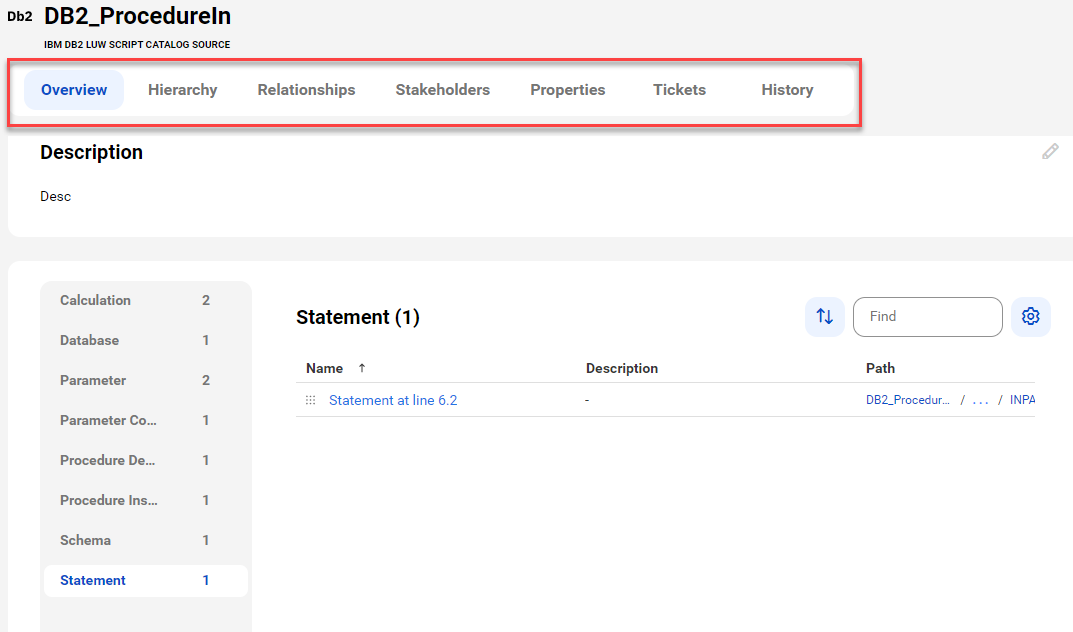 The image shows a sample IBM Db2 for LUW Script asset page with tabs that allow you to view the asset.