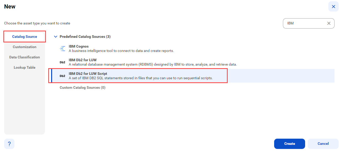 The image shows the list of catalog sources with the IBM Db2 for LUW Script catalog source selected and an option to create a new catalog source.