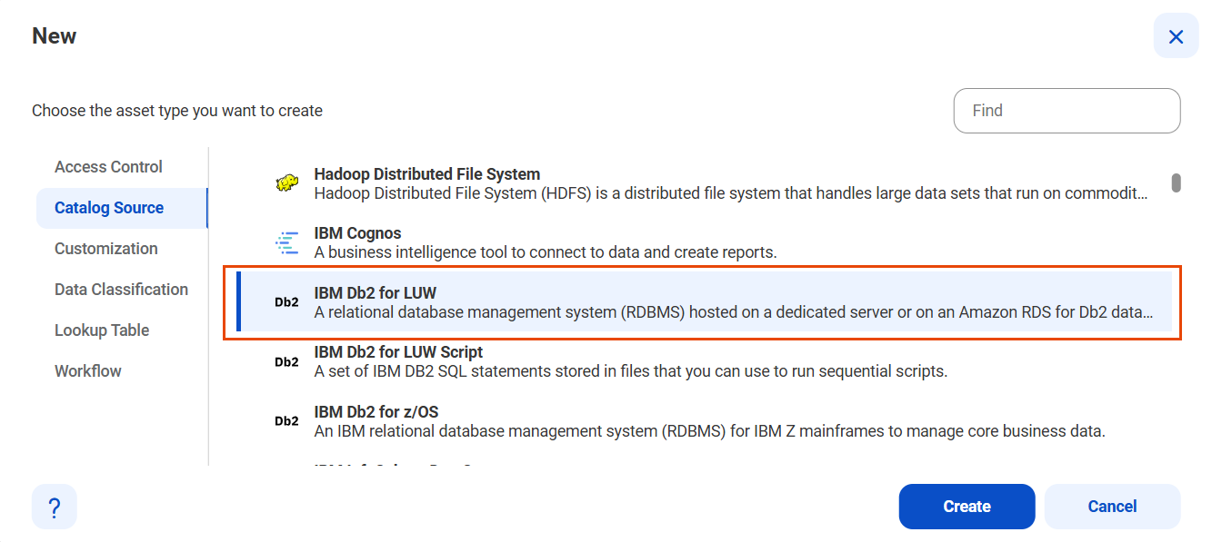 The image shows the list of catalog sources with the IBM Db2 for LUW catalog source selected and an option to create a new catalog source.