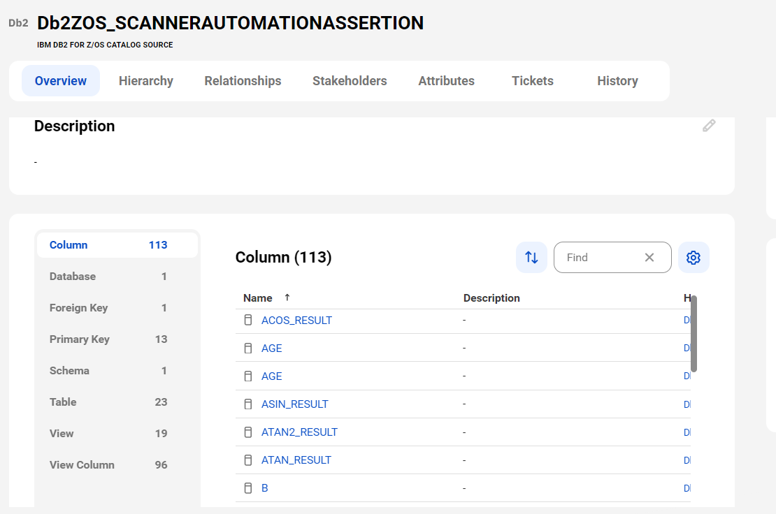 The image shows an IBM Db2 for z/OS catalog source page with tabs that allow you to view the asset.