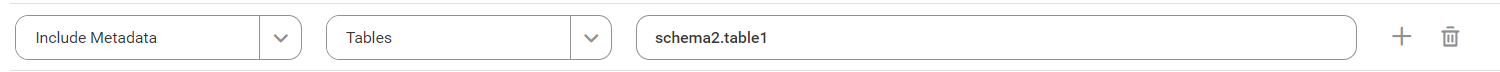 The image shows the filter conditions for an IBM Db2 for z/OS catalog source that includes metadata from the table1 table in the schema2 schema.