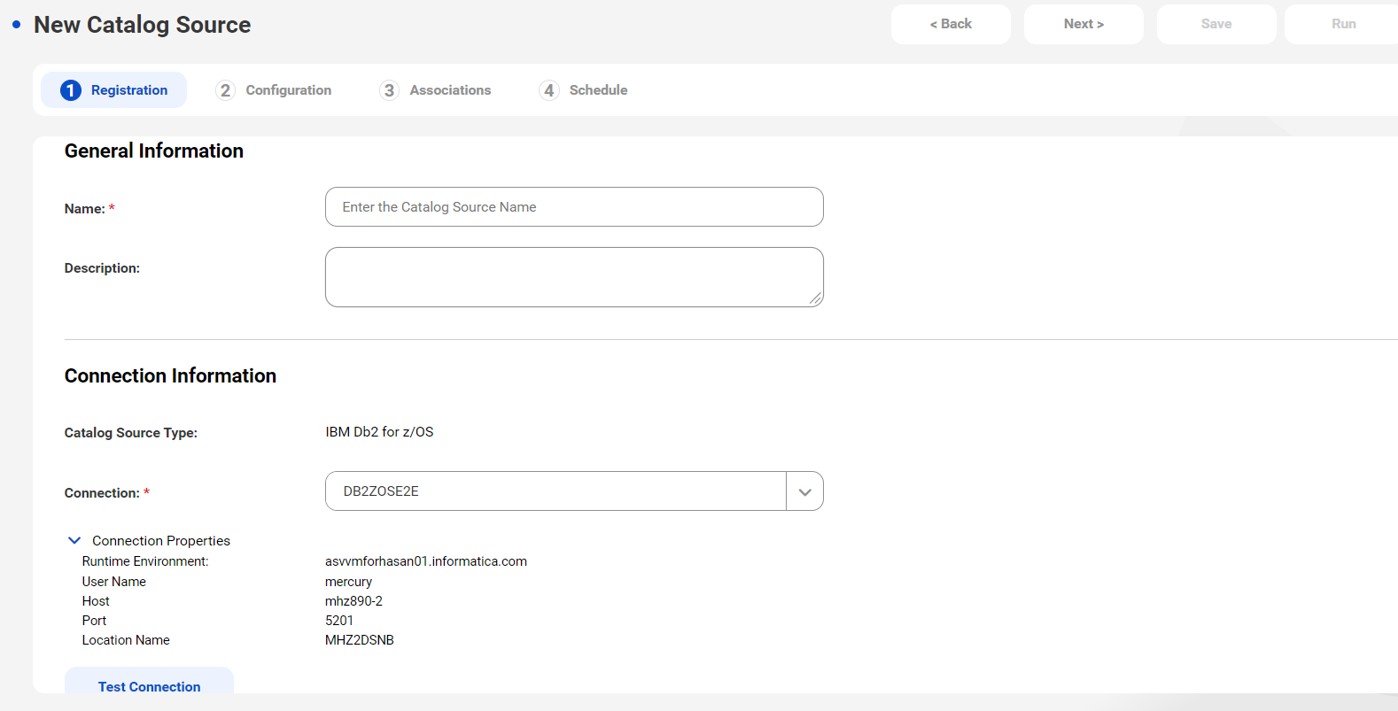 The image shows an IBM Db2 for z/OS Registration tab with General Information and Connection Information areas.