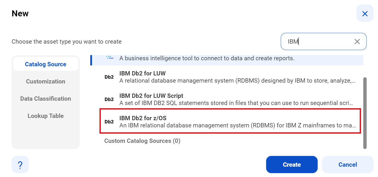 The image shows the list of catalog sources with the IBM Db2 for z/OS catalog source selected and an option to create a new catalog source.